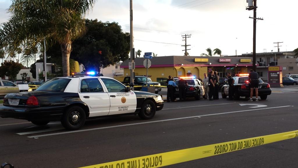 Police shut down a Pacific Beach intersection after a shooting on Saturday evening.