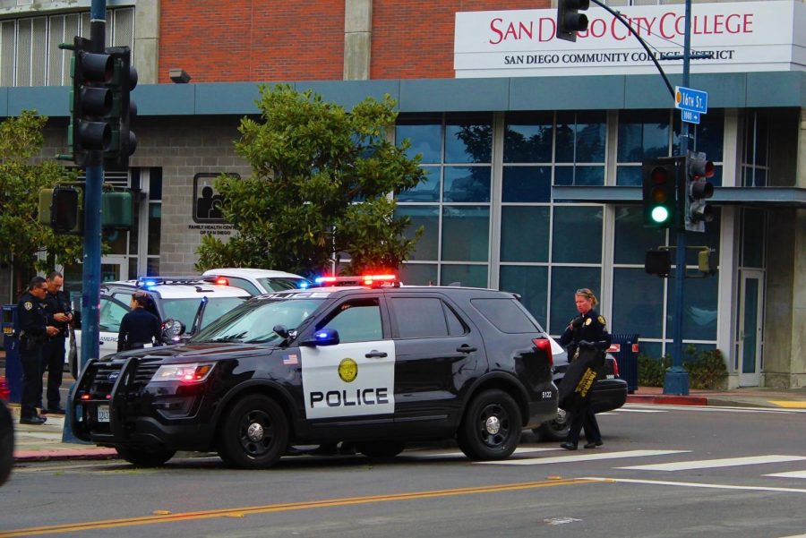 SDCCD Police vehicle with lights on
