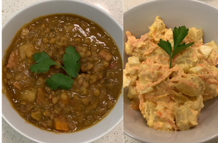 Lentil soup and potato salad