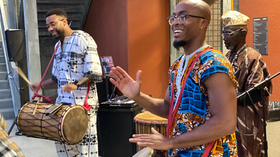 Musicians, from left to right, Jededi Cunningham, Nigel Zuniga and Nana Yao Asiedu perform
