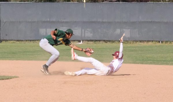 City College freshman shortstop Anders Nilsson (2) raises his arms to show the umpire he’s safe before he was called out trying to steal second base in City’s 11-5 loss to Grossmont at Morley Field, Friday, April 25, 2025. Photo by Danny Straus/City Times Media
