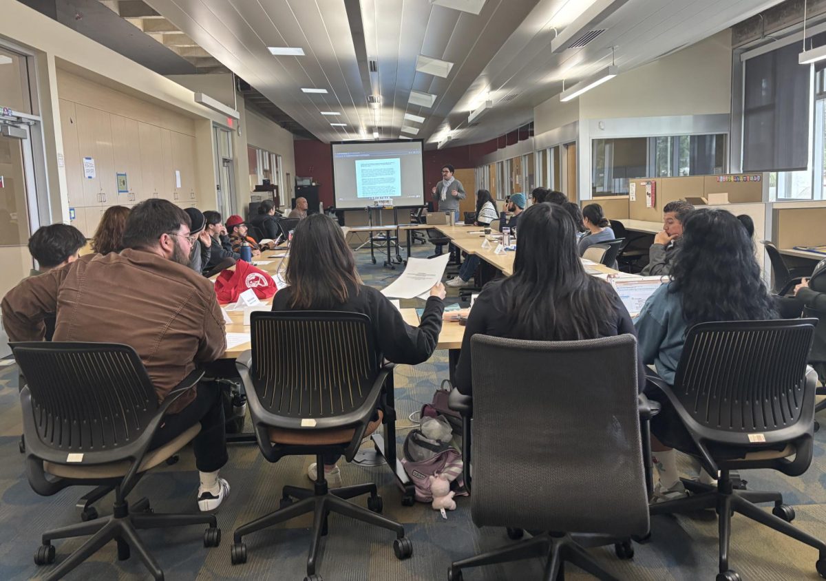City College Inter-Club Council President Sergio Montiel, left, ASG Vice President Michelle Romero, center left, ASG President Dalia Ramirez, center right, and Secretary Crystal Cruz, right, listen to a presentation by City College Students for Justice in Palestine, Wednesday, March 26, 2025. Photo by Bailey Kohnen/City Times