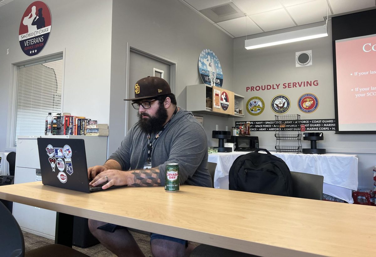 Work-study student Seth Harris uses his laptop in the Veterans Service Center, working to stay on top of his classes, Thursday, April 10, 2025. Photo by Isaiah Cordova/ City Times Media 