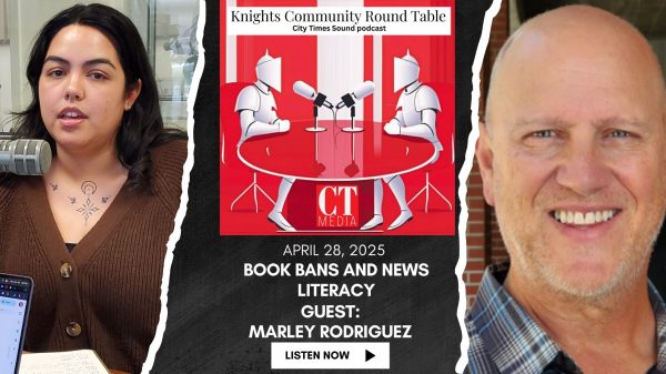 San Diego City College Equity and Outreach Librarian Marley Rodriquez, left, and City Times Sound News Editor Vince Outlaw discuss book bans and news literacy on the Knights Community Roundtable, April 28, 2025. Image by Vince Outlaw/City Times Media